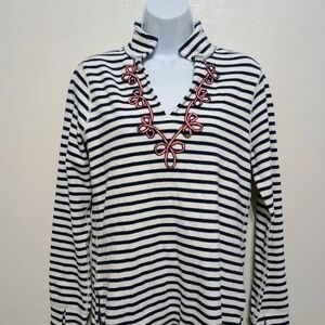 Women's Tommy Bahama Long Sleeve Blue White Striped With Pink Embroidery Small